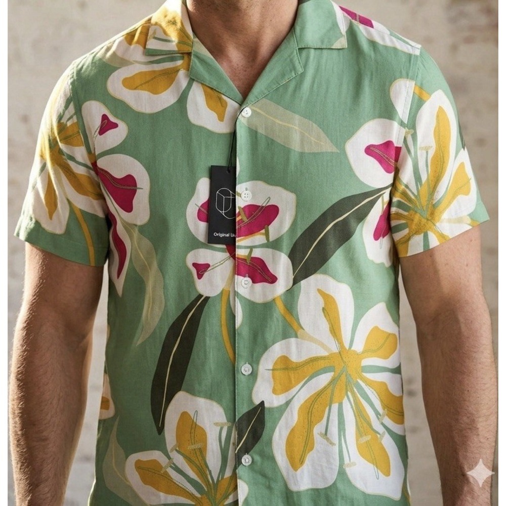 Original Use Green Floral Print Short Sleeve Button-Up Shirt S